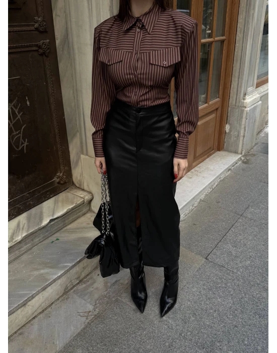 Beli Bağlamalı Çizgili Gömlek