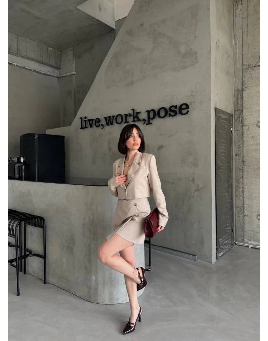 Crop Ceket Etekli Takım