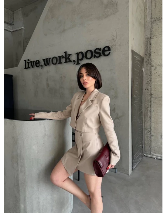 Crop Ceket Etekli Takım