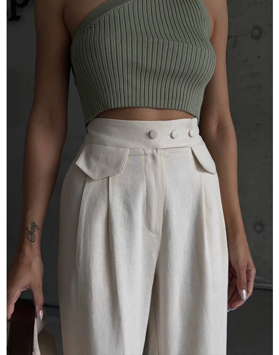 Cep Detaylı Keten Pantolon