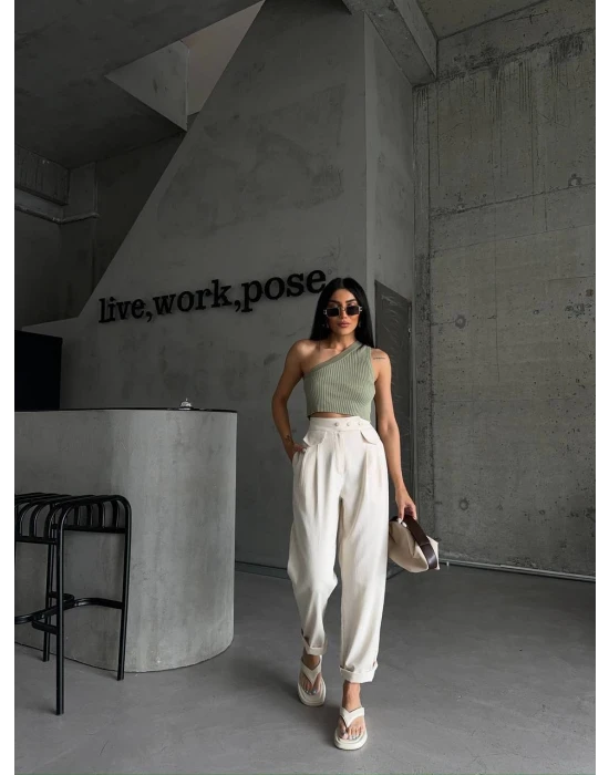 Cep Detaylı Keten Pantolon