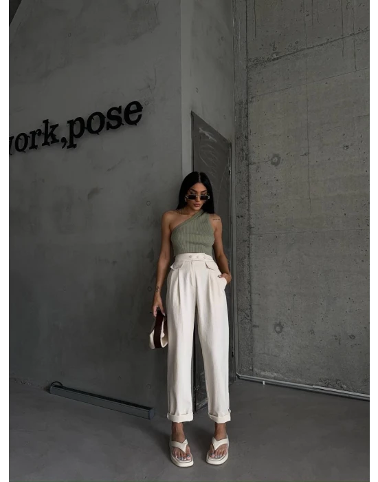 Cep Detaylı Keten Pantolon