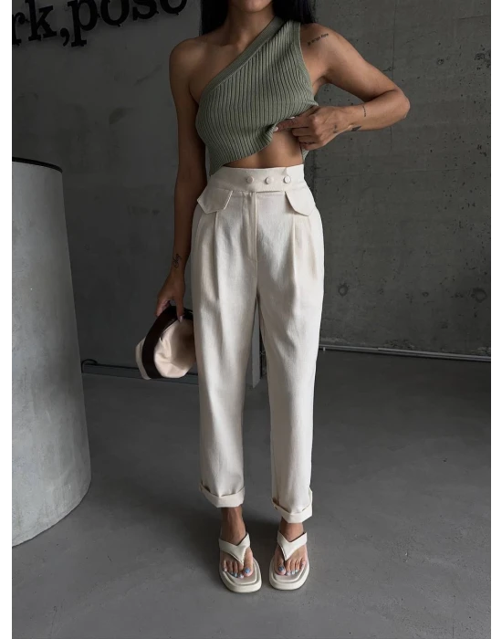 Cep Detaylı Keten Pantolon