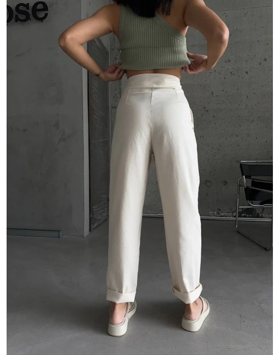 Cep Detaylı Keten Pantolon