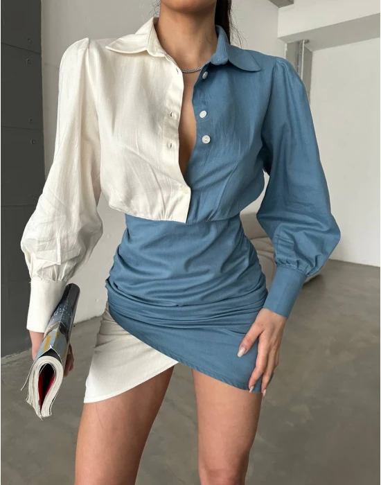 Çift Renk Düğmeli Mini Elbise