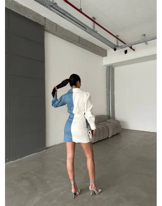 Çift Renk Düğmeli Mini Elbise