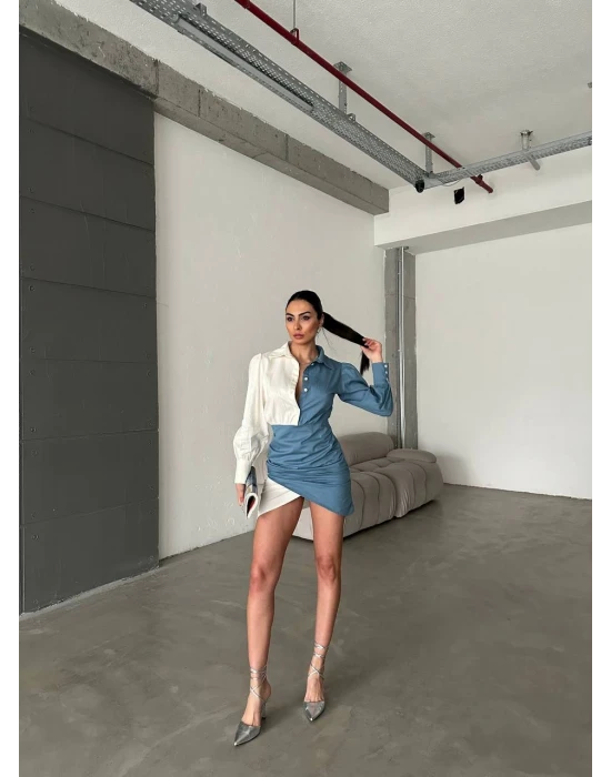 Çift Renk Düğmeli Mini Elbise