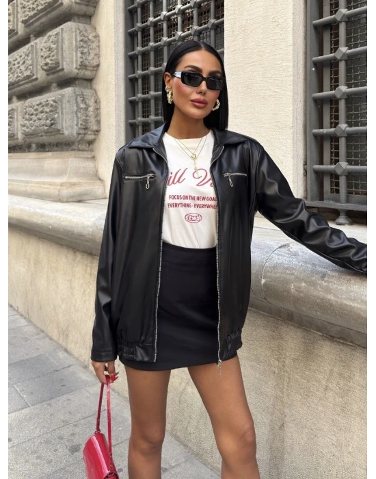 Fermuar Detaylı Deri Ceket