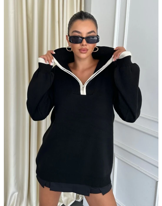 Geniş Yaka Fermuarlı Kazak