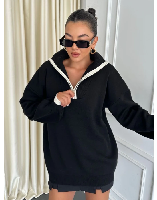 Geniş Yaka Fermuarlı Kazak