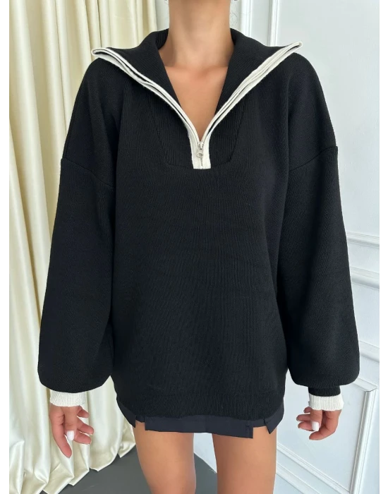 Geniş Yaka Fermuarlı Kazak