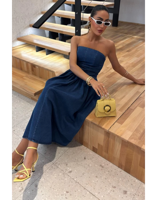 Pileli Straplez Denim Elbise