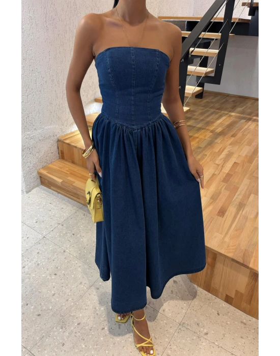 Pileli Straplez Denim Elbise