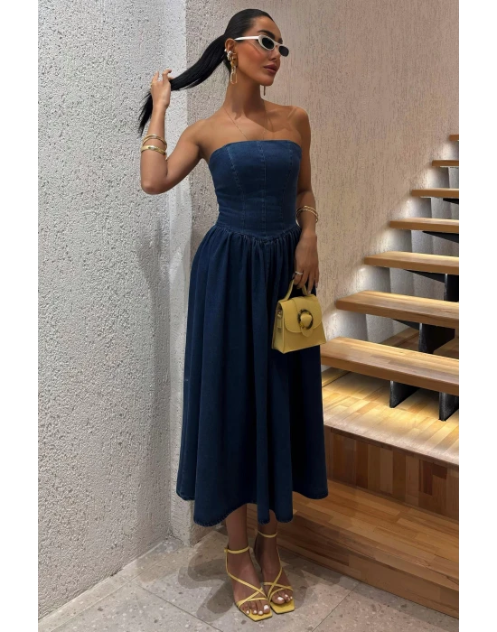 Pileli Straplez Denim Elbise