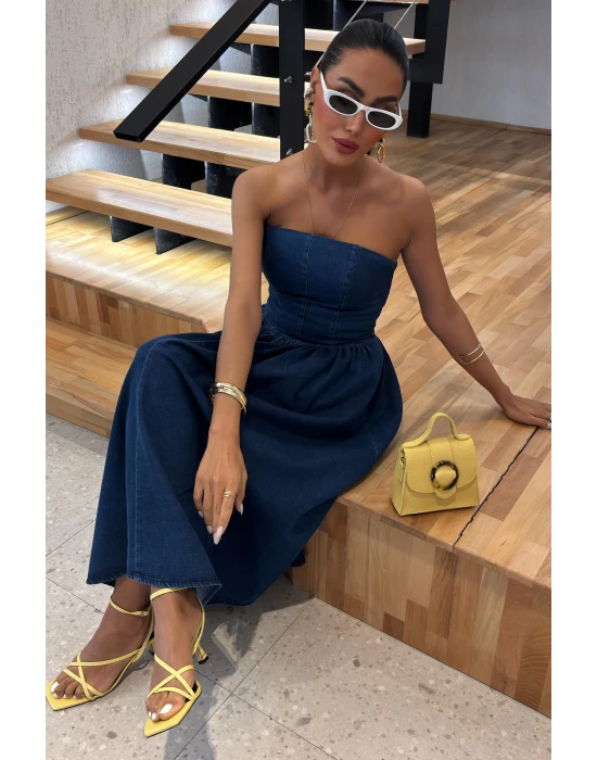 Pileli Straplez Denim Elbise