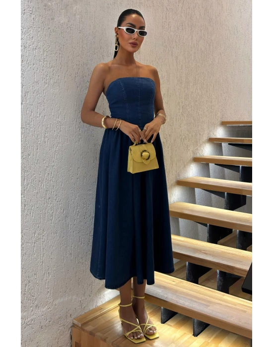 Pileli Straplez Denim Elbise
