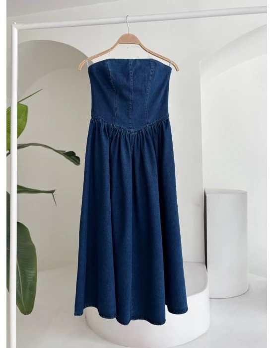 Pileli Straplez Denim Elbise