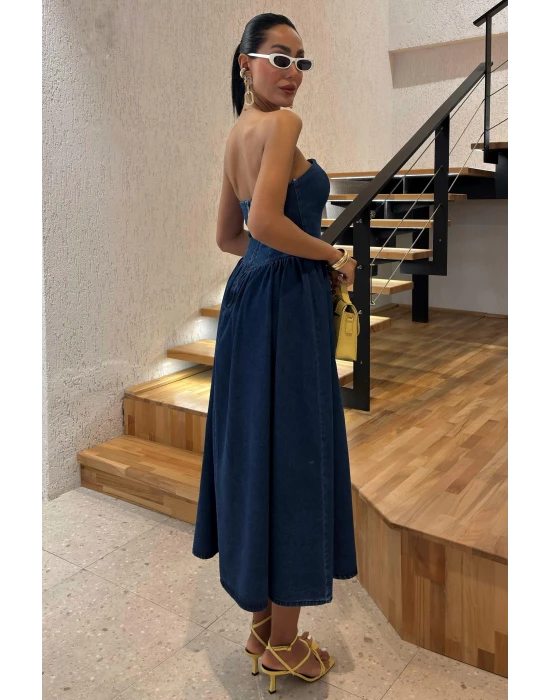 Pileli Straplez Denim Elbise