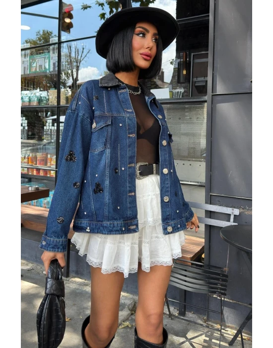 Pul Payet Taşlı Kot Ceket