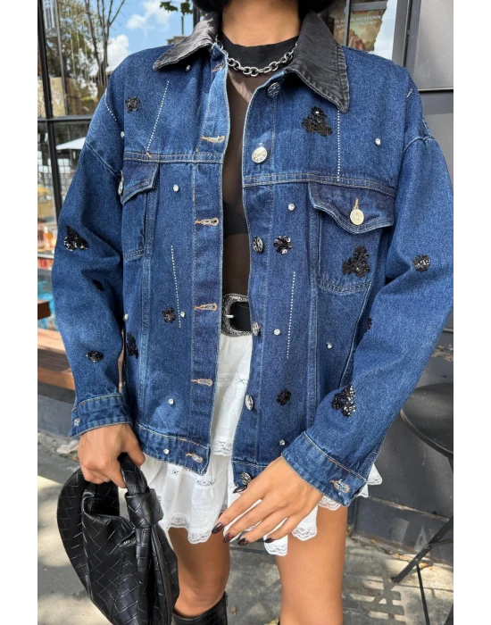 Pul Payet Taşlı Kot Ceket