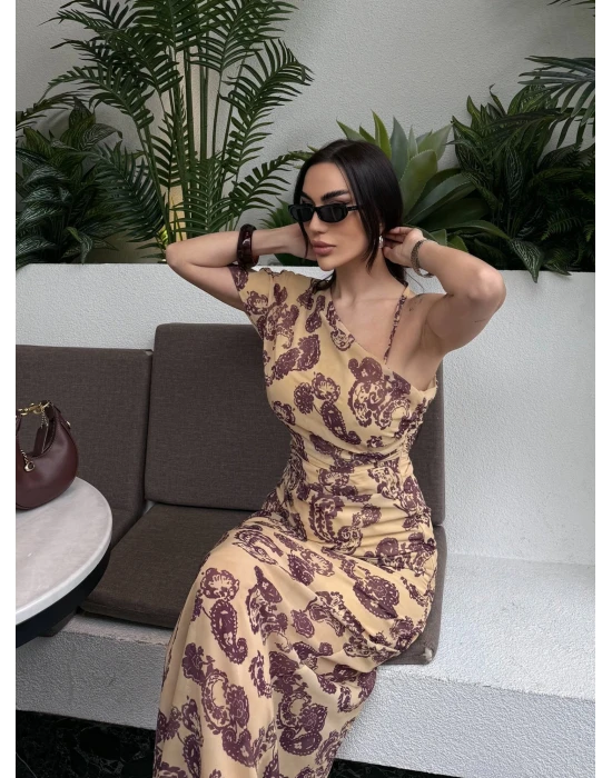 Tek Omuz Desenli Elbise