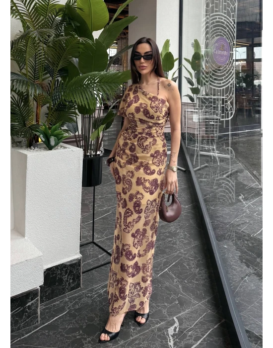 Tek Omuz Desenli Elbise