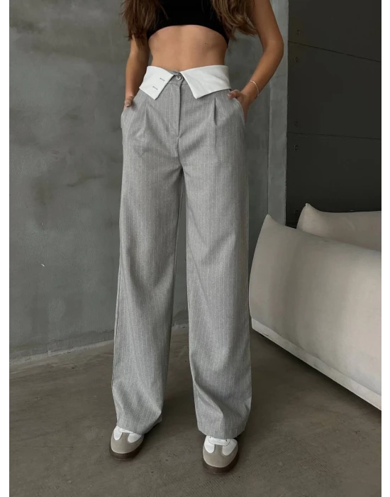 Yaka Detaylı Çizgili Pantolon