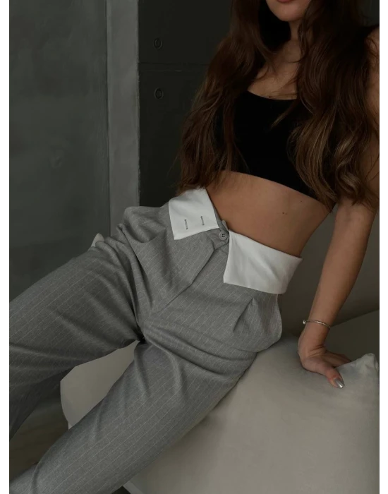 Yaka Detaylı Çizgili Pantolon