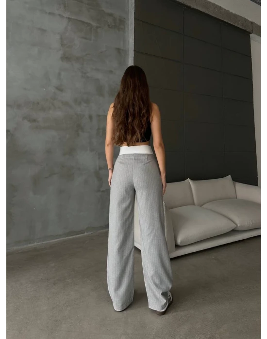 Yaka Detaylı Çizgili Pantolon