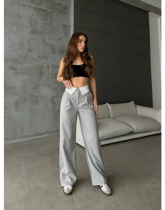 Yaka Detaylı Çizgili Pantolon