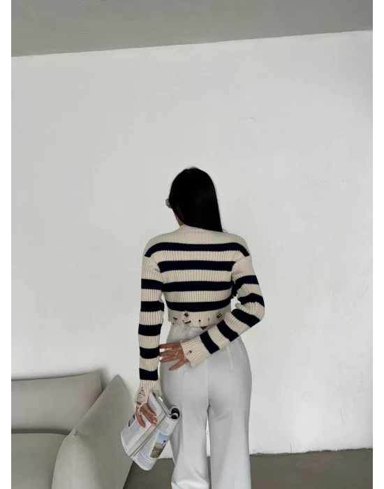 Çizgili Yırtık Triko Bluz