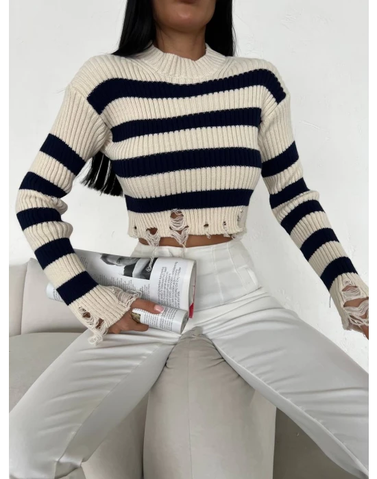 Çizgili Yırtık Triko Bluz