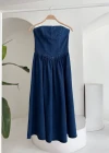 Pileli Straplez Denim Elbise
