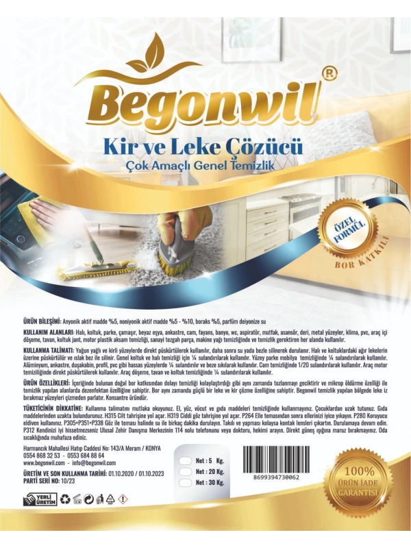Çok Amaçlı Genel Temizlik Kir Leke Çözücü 5 Litre 4 Adet 1/4 Konsantre