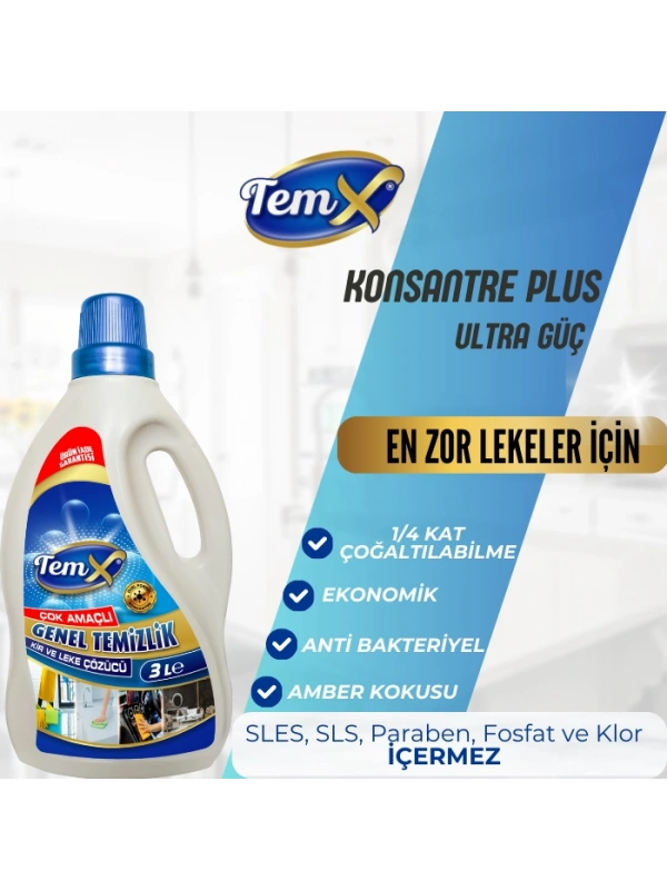 TEMX Konsantre Plus Ultra Güçlü Genel Temizlik Kir ve Leke Çözücü 3 Litre