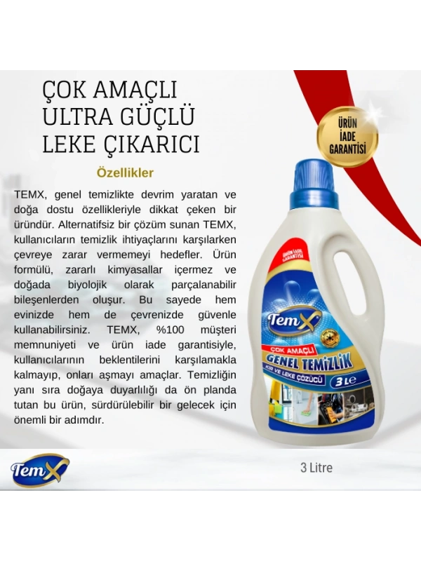 TEMX Konsantre Plus Ultra Güçlü Genel Temizlik Kir ve Leke Çözücü 3 Litre