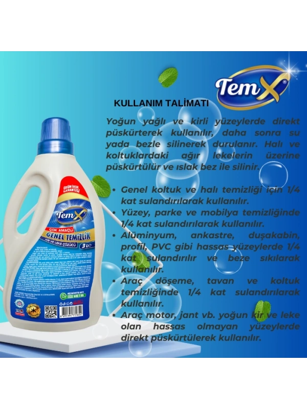 TEMX Konsantre Plus Ultra Güçlü Genel Temizlik Kir ve Leke Çözücü 3 Litre