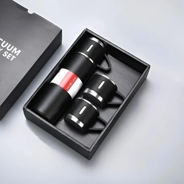 Özel Üretim Isı Yalıtımlı Paslanmaz Hediye Kutulu Vakumlu Sızdırmaz Bardaklı Çelik Termos Set Siyah