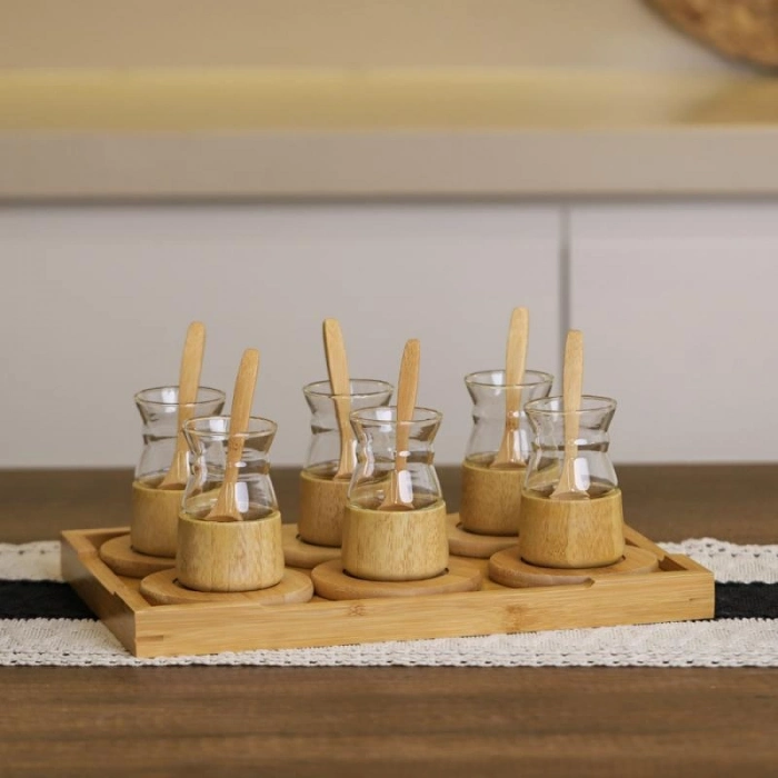Özel Üretim Modern Şık Tasarım Doğal Ahşap 18 Parça Bambu Çay Seti 6 Çay Bardağı Borosilikat Cam
