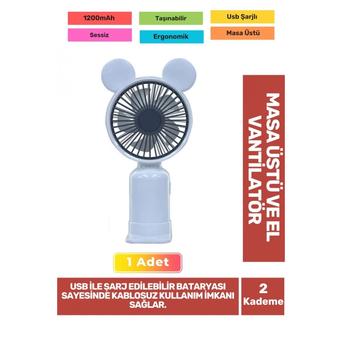 2 Kademeli Ultra Sessiz Hafif Kablosuz 1200mAh Pervaneli Taşınabilir Usb Şarj Masa El Fan Vantilatör