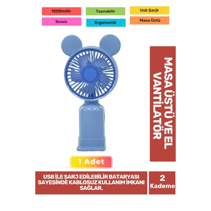 2 Kademeli Ultra Sessiz Hafif Kablosuz 1200mAh Pervaneli Taşınabilir Usb Şarj Masa El Fan Vantilatör