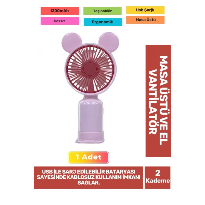2 Kademeli Ultra Sessiz Hafif Kablosuz 1200mAh Pervaneli Taşınabilir Usb Şarj Masa El Fan Vantilatör