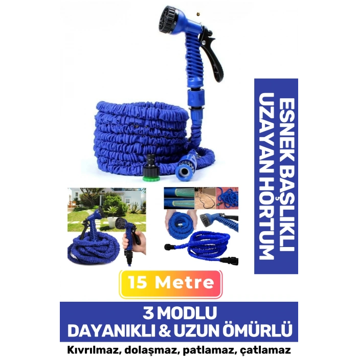 22.5 Metre Uzayan Bahçe Sulama Araç Yıkama Hortumu 7 Kademeli Başlık Tabanca