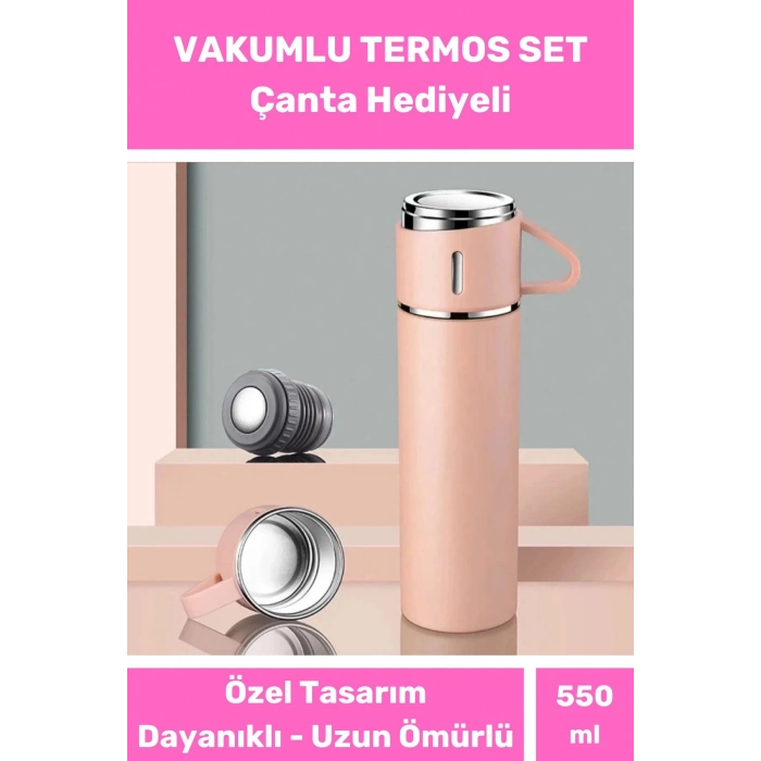 3 Bardaklı Soğuk Sıcak Termos Vakumlu Termos Set Çanta Hediyeli Paslanmaz Çelik 550 Ml