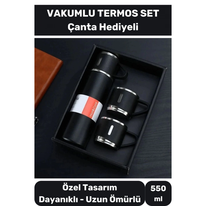 3 Bardaklı Soğuk Sıcak Termos Vakumlu Termos Set Çanta Hediyeli Paslanmaz Çelik 550 Ml