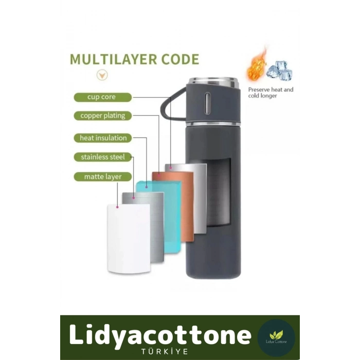 3 Bardaklı Soğuk Sıcak Termos Vakumlu Termos Set Çanta Hediyeli Paslanmaz Çelik 550 Ml