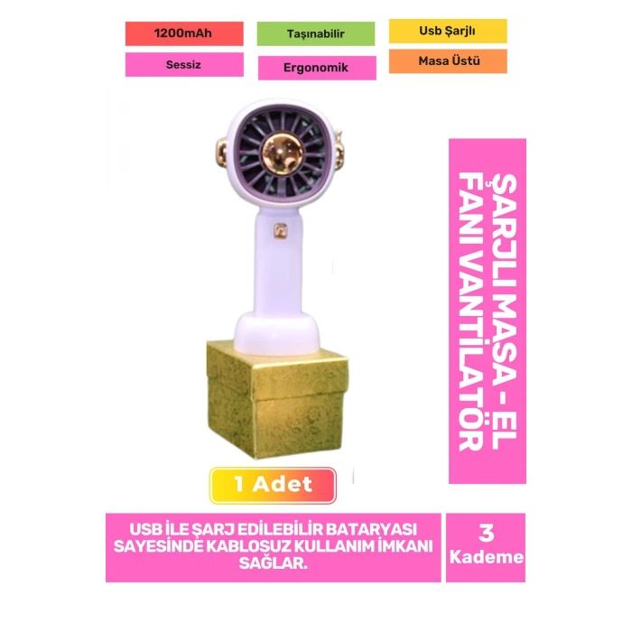 3 Kademeli Ultra Sessiz Hafif Kablosuz 1200mAh Pervaneli Taşınabilir Usb Şarj Masa El Fan Vantilatör