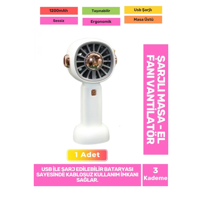 3 Kademeli Ultra Sessiz Hafif Kablosuz 1200mAh Pervaneli Taşınabilir Usb Şarj Masa El Fan Vantilatör