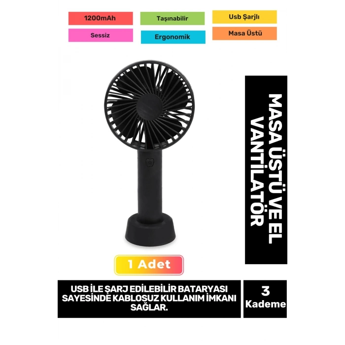 3 Kademeli Ultra Sessiz Hafif Kablosuz 1200mAh Pervaneli Taşınabilir Usb Şarj Masa El Fan Vantilatör