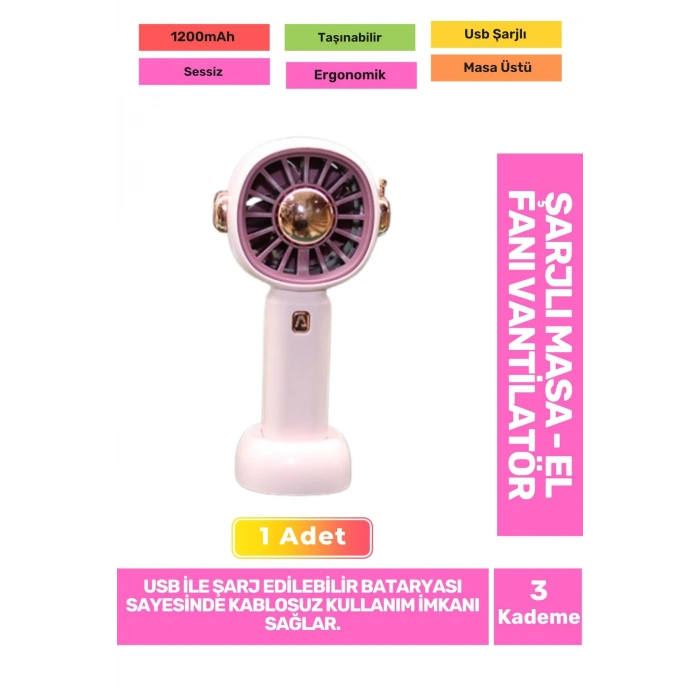 3 Kademeli Ultra Sessiz Hafif Kablosuz 1200mAh Pervaneli Taşınabilir Usb Şarj Masa El Fan Vantilatör
